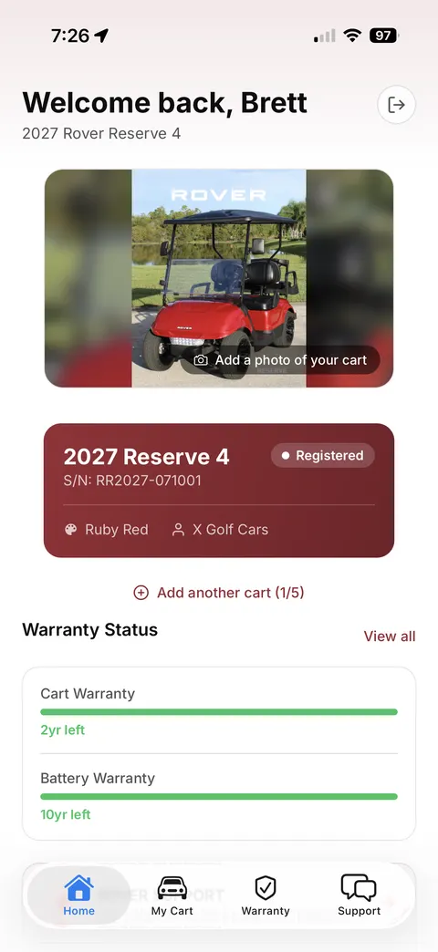 Rover app home screen showing a registered Reserve cart and warranty status