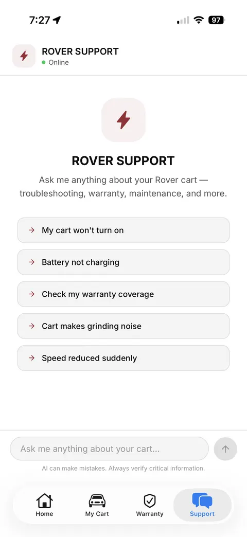 Rover app support screen with common troubleshooting questions