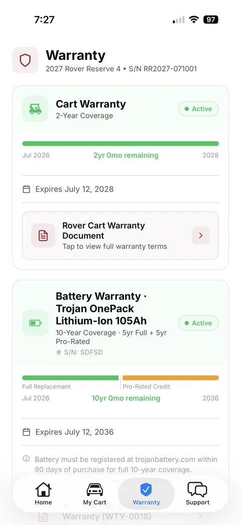 Rover app warranty screen showing cart and battery coverage